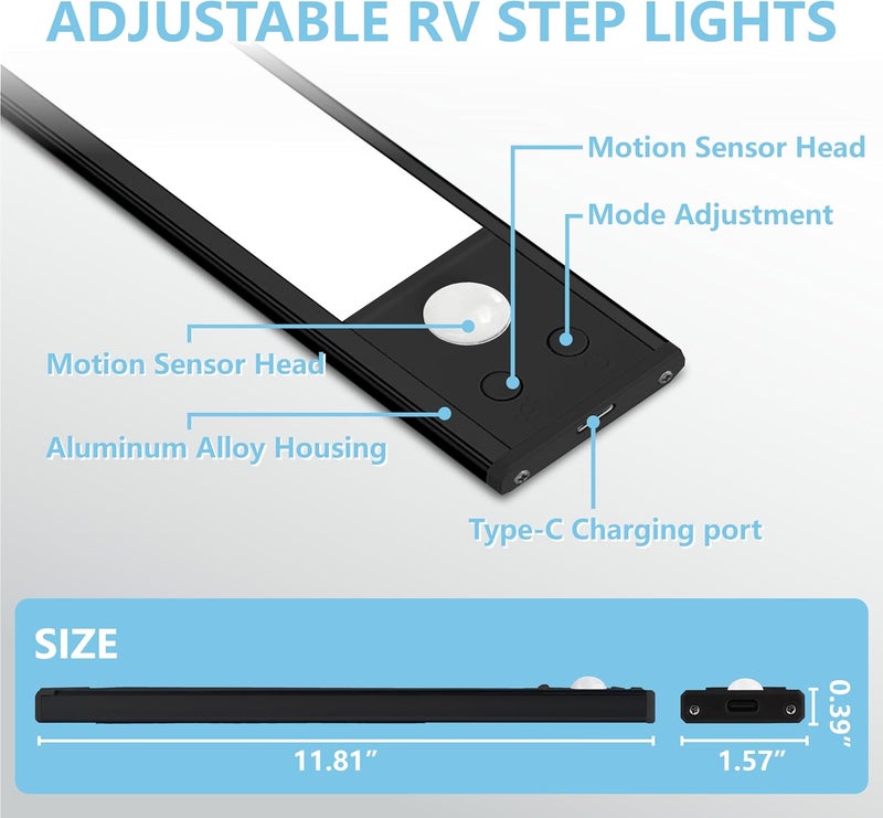 Rvhouse 2 Pack Motion Activated RV Step Lights, USB Rechargeable 72 LED Rv Light Camping Camper Lights Adjustable 3 Colours for Motorhome Travel,Travel Trailers, Camper (Black) - Image 2